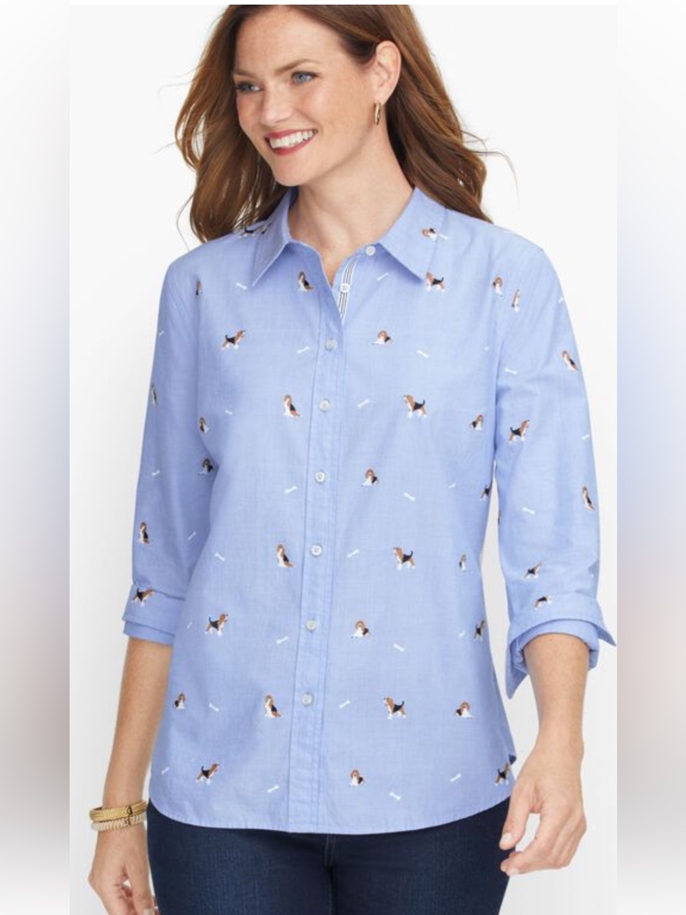 Talbots Light Blue Button-Down Shirt with Dog print ladies small petite